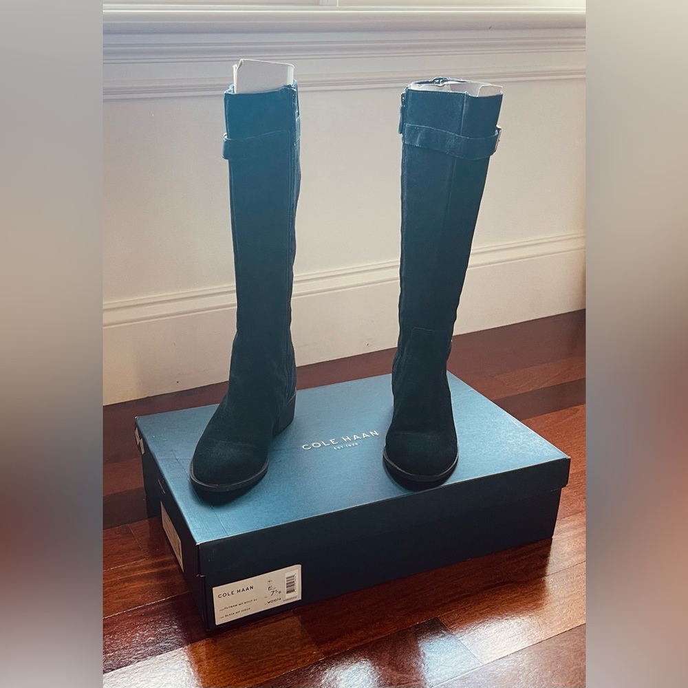 Cole Haan Women Tall Ridding Boots Waterproof Wide Calf Size 7.5 Black Suede